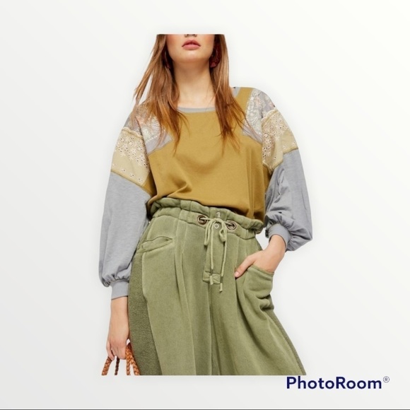 FREE PEOPLE Green Patchwork Oversized Long Sleeve Top Size XS - Picture 2 of 10